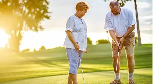 A couple playing golf together at sunset.