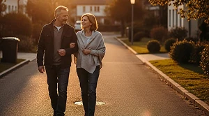 A couple walking together in the evening at their neighborhood.
