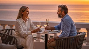 A couple sitting at a table in a restaurant with beach view.