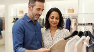 A couple looking at clothes while shopping together.