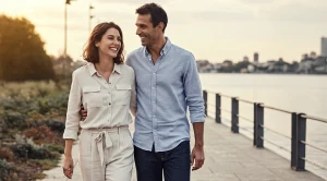 A couple walking together at the waterfront.