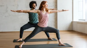 A couple doing yoga together at a date.