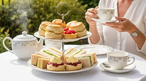 A couple enjoying afternoon tea in clifton village. 