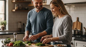 A couple preparing dinner at home together for a date night.