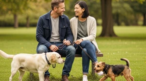 A couple sitting on a park bench on a date with their dogs.