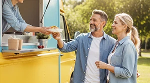 A couple getting snacks from a food truck. 