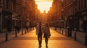 A couple strolling through buchanan street in glasgow at sunset.