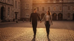 A couple visiting the dublin castle in Ireland.