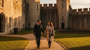 A couple visiting king johns castle in limerick, ireland, at sunset.