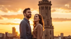 A couple visiting reginald tower at sunset in waterford, Ireland.