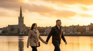 A couple strolling along the river lee at sunset in Cork, Ireland.