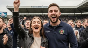 A couple enjoying a rugby match in thomond park, Limerick, Ireland.