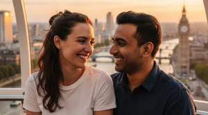 A couple smiling at each other sitting in the london eye. 