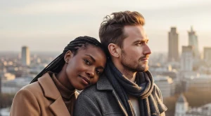 A couple standing side by side at the parliament hill viewpoint in london.