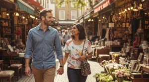 A couple strolling hand in hand through protobello road market.