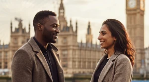 A couple standing side by side at the river thames.