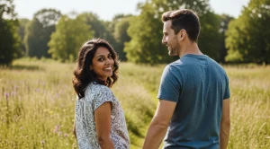 A couple walking hand in hand through kingsthorpe meadow nature park in Northampton.
