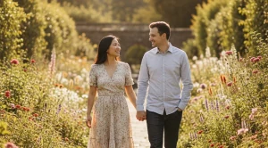 A couple strolling side by side through bangor castle garden in Northern Ireland.