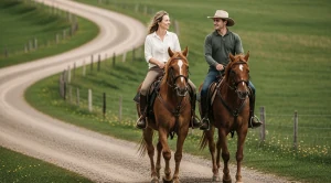 A couple riding horses at laneway lodge in Newry, Northern Ireland.